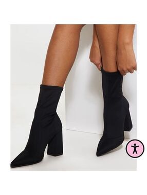 PLT Truffle Collection Pointed Toe Sock Ankle Boots Block Heel Black EU 39